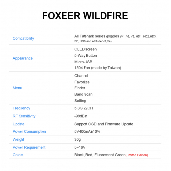 Foxeer Wildfire 5.8G Diversity odbiornik analogowy do gogli